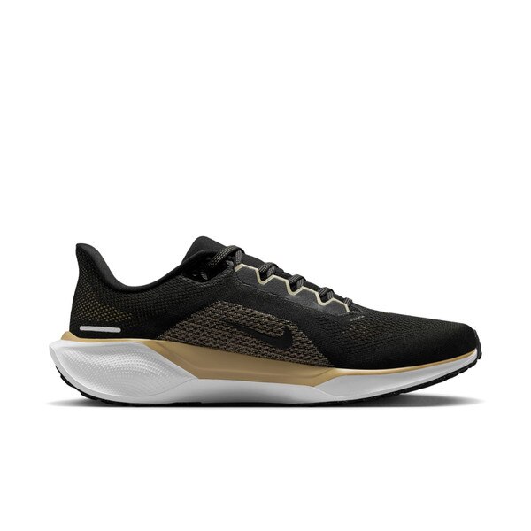 Inner side view of black Nike Air Zoom running shoe with black Swoosh, gold mesh detail, and white sole